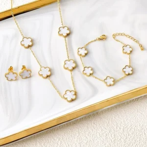 Flower Stainless Steel Bracelet Necklace Earrings Jewelry Set Luxury for Women