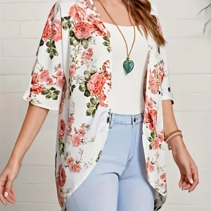 Plus Size Women's Half Sleeved Cardigan Floral Print.